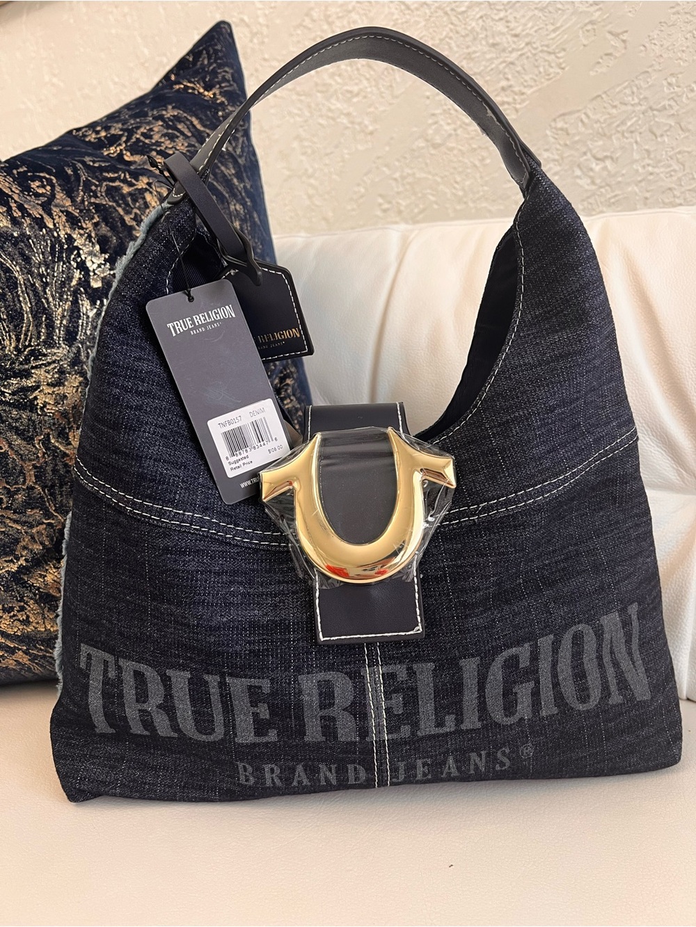 True Religion Dark Denim Hobo Bag with Gold Horseshoe Accent